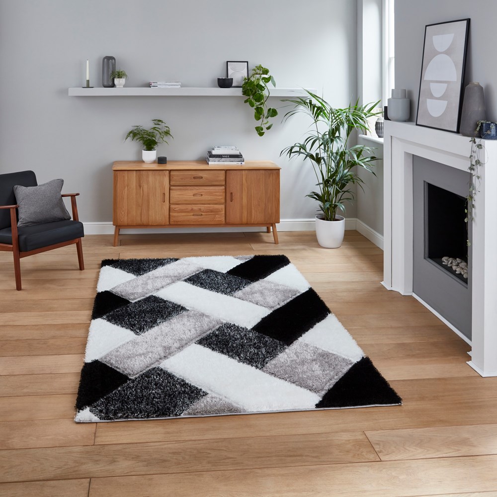 Olympia 2239 Black White Geometric Shaggy Rug